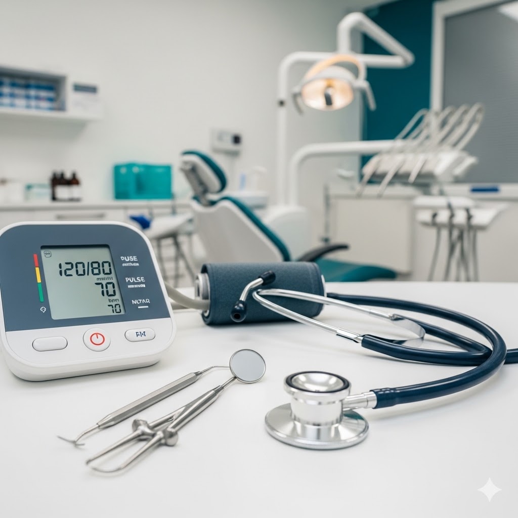 Vital parameter screening at Dental Park Ghaziabad showing blood pressure monitor and dental tools
